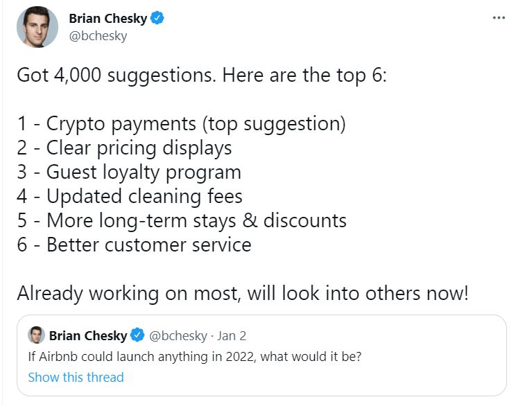 Brian Chesky Twitter Poll Global Crypto