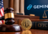 Judge Rejects a New Bid to Undo Gemini CFTC Settlement Courtroom illustration: a judge's gavel, a Bitcoin coin and a CFTC law book in front of a Gemini display, representing the ruling on the Gemini CFTC settlement.