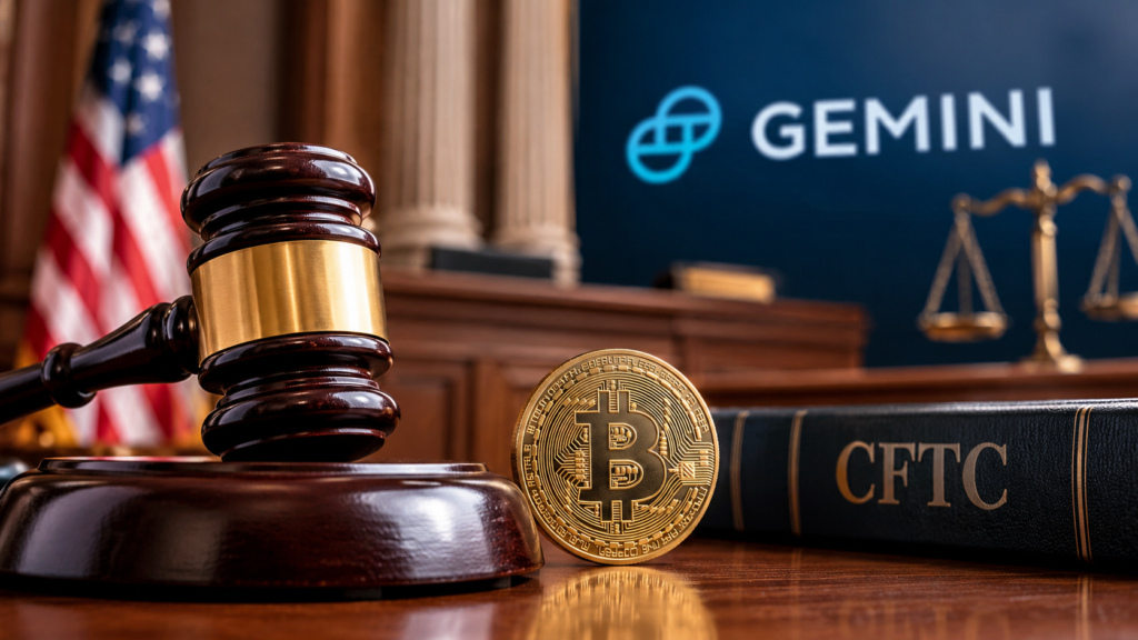 Courtroom illustration: a judge's gavel, a Bitcoin coin and a CFTC law book in front of a Gemini display, representing the ruling on the Gemini CFTC settlement.