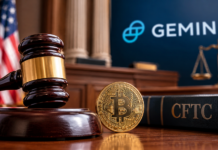 Judge Rejects a New Bid to Undo Gemini CFTC Settlement Courtroom illustration: a judge's gavel, a Bitcoin coin and a CFTC law book in front of a Gemini display, representing the ruling on the Gemini CFTC settlement.