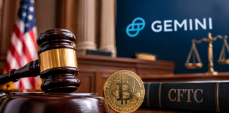 Courtroom illustration: a judge's gavel, a Bitcoin coin and a CFTC law book in front of a Gemini display, representing the ruling on the Gemini CFTC settlement.