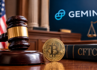 Judge Rejects a New Bid to Undo Gemini CFTC Settlement Courtroom illustration: a judge's gavel, a Bitcoin coin and a CFTC law book in front of a Gemini display, representing the ruling on the Gemini CFTC settlement.