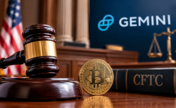 Judge Rejects a New Bid to Undo Gemini CFTC Settlement Courtroom illustration: a judge's gavel, a Bitcoin coin and a CFTC law book in front of a Gemini display, representing the ruling on the Gemini CFTC settlement.