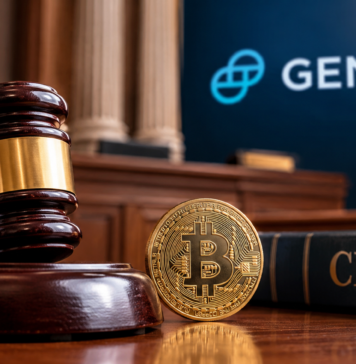 Judge Rejects a New Bid to Undo Gemini CFTC Settlement Courtroom illustration: a judge's gavel, a Bitcoin coin and a CFTC law book in front of a Gemini display, representing the ruling on the Gemini CFTC settlement.