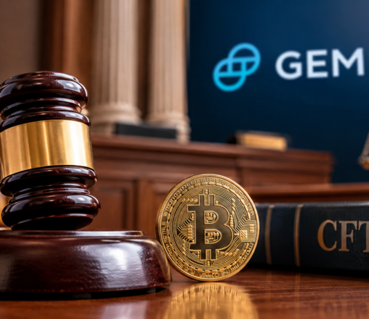Judge Rejects a New Bid to Undo Gemini CFTC Settlement Courtroom illustration: a judge's gavel, a Bitcoin coin and a CFTC law book in front of a Gemini display, representing the ruling on the Gemini CFTC settlement.
