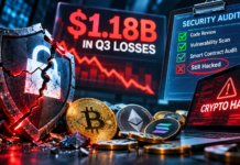 Crypto Audits Now Under Fire After the $1.18B Losses Editorial illustration of a breached crypto security barrier and $1.18 billion in Q3 losses, highlighting the limits of security audits.