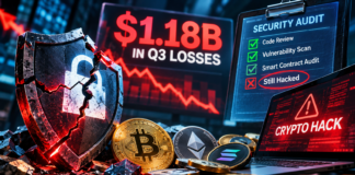 Editorial illustration of a breached crypto security barrier and $1.18 billion in Q3 losses, highlighting the limits of security audits.