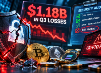 Crypto Audits Now Under Fire After the $1.18B Losses Editorial illustration of a breached crypto security barrier and $1.18 billion in Q3 losses, highlighting the limits of security audits.