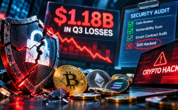 Crypto Audits Now Under Fire After the $1.18B Losses Editorial illustration of a breached crypto security barrier and $1.18 billion in Q3 losses, highlighting the limits of security audits.