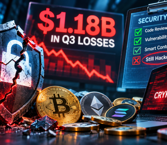 Crypto Audits Now Under Fire After the $1.18B Losses Editorial illustration of a breached crypto security barrier and $1.18 billion in Q3 losses, highlighting the limits of security audits.