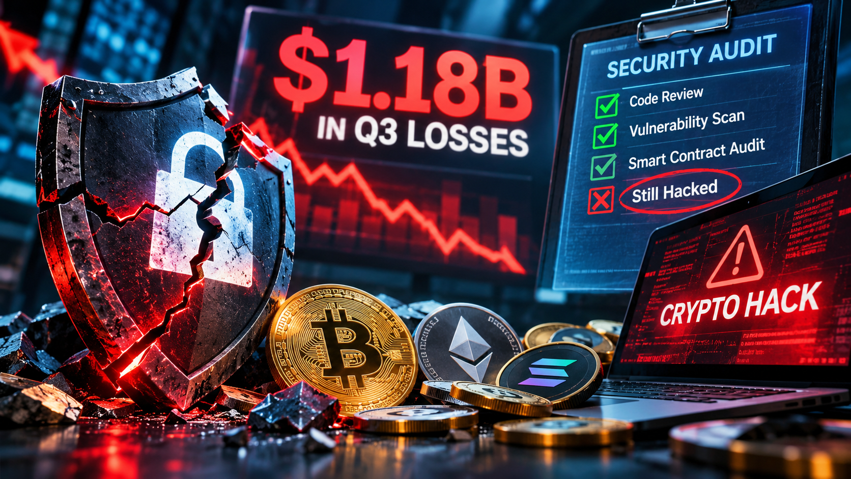 Editorial illustration of a breached crypto security barrier and $1.18 billion in Q3 losses, highlighting the limits of security audits.