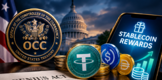 Editorial illustration for Stablecoin Rewards Under Fire: what the OCC's new rules mean for stablecoin rewards.