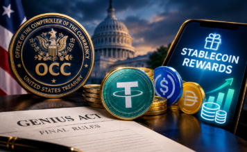 Stablecoin Rewards Under Fire: What the OCC’s New Rules Mean Editorial illustration for Stablecoin Rewards Under Fire: what the OCC's new rules mean for stablecoin rewards.