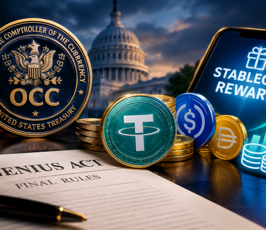 Stablecoin Rewards Under Fire: What the OCC’s New Rules Mean Editorial illustration for Stablecoin Rewards Under Fire: what the OCC's new rules mean for stablecoin rewards.